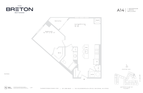 Floor plan for 1 bed, 1 bath, 838 sqft